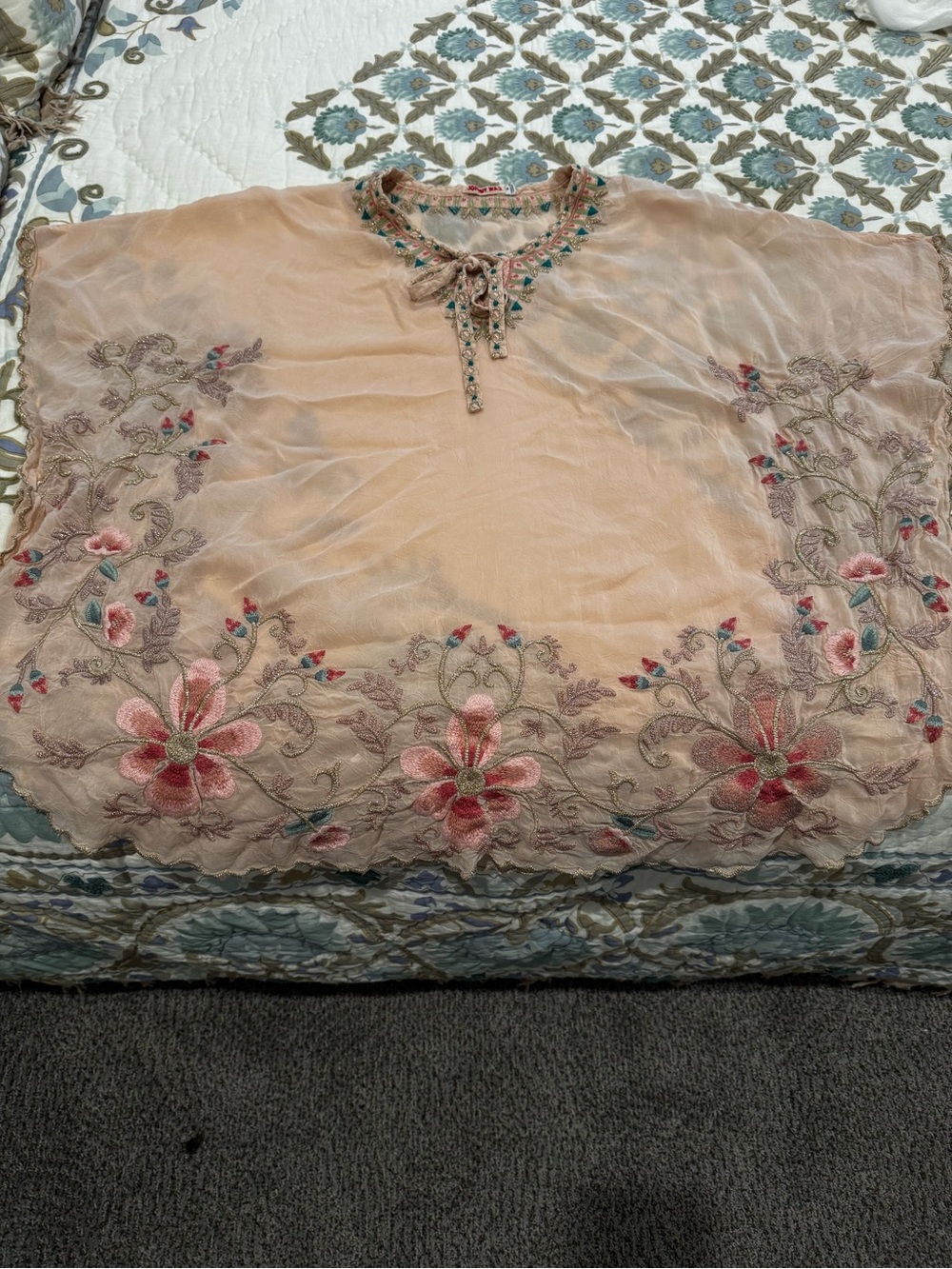 Johnny Was Peach Sheer Embroidered Tunic with Pink Floral Accents